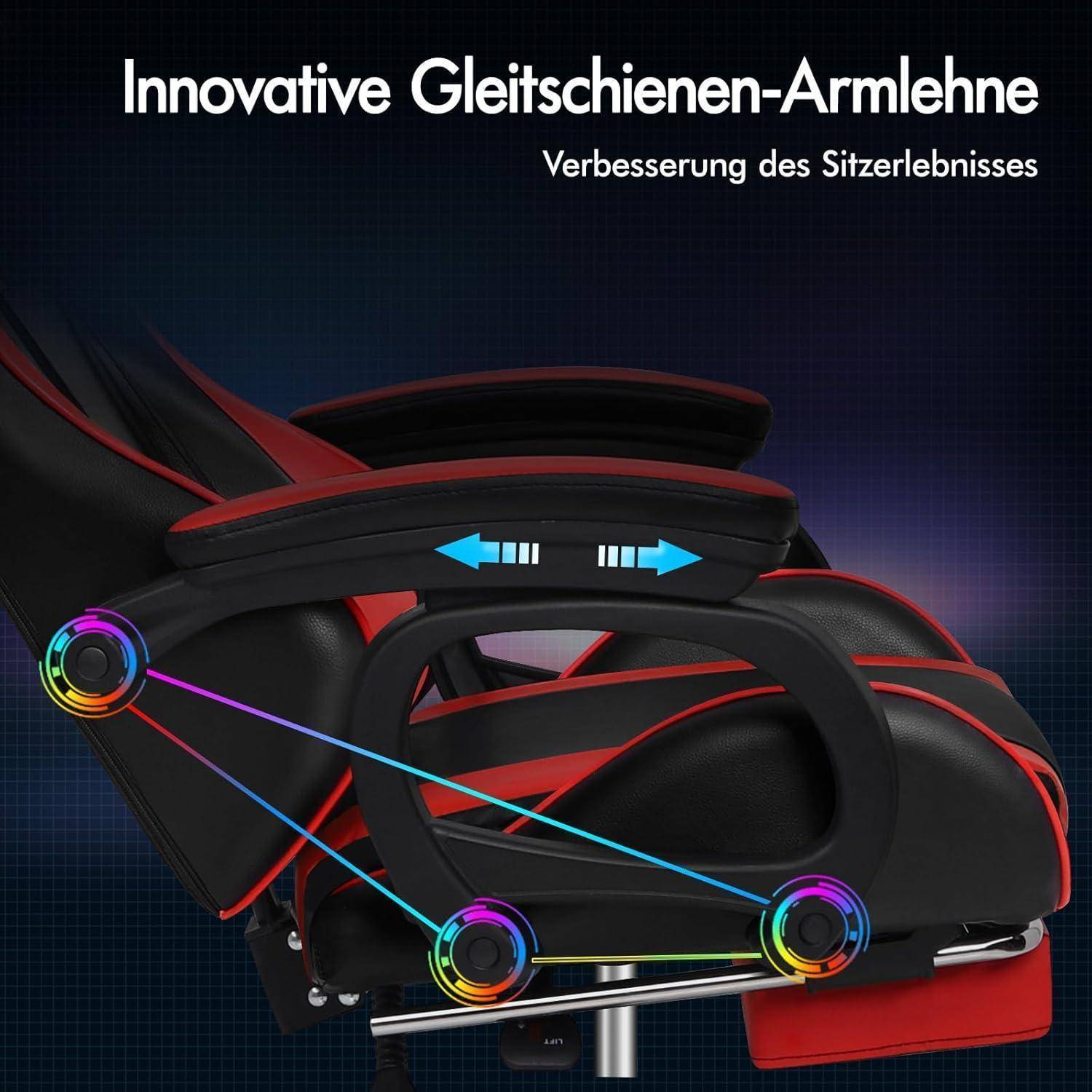 Das innovative Design der verschiebbaren Armlehne eines Gaming-Stuhls wird gezeigt, wobei die Haltbarkeit und Komfortverbesserungen durch farbliche Indikatoren hervorgehoben werden.