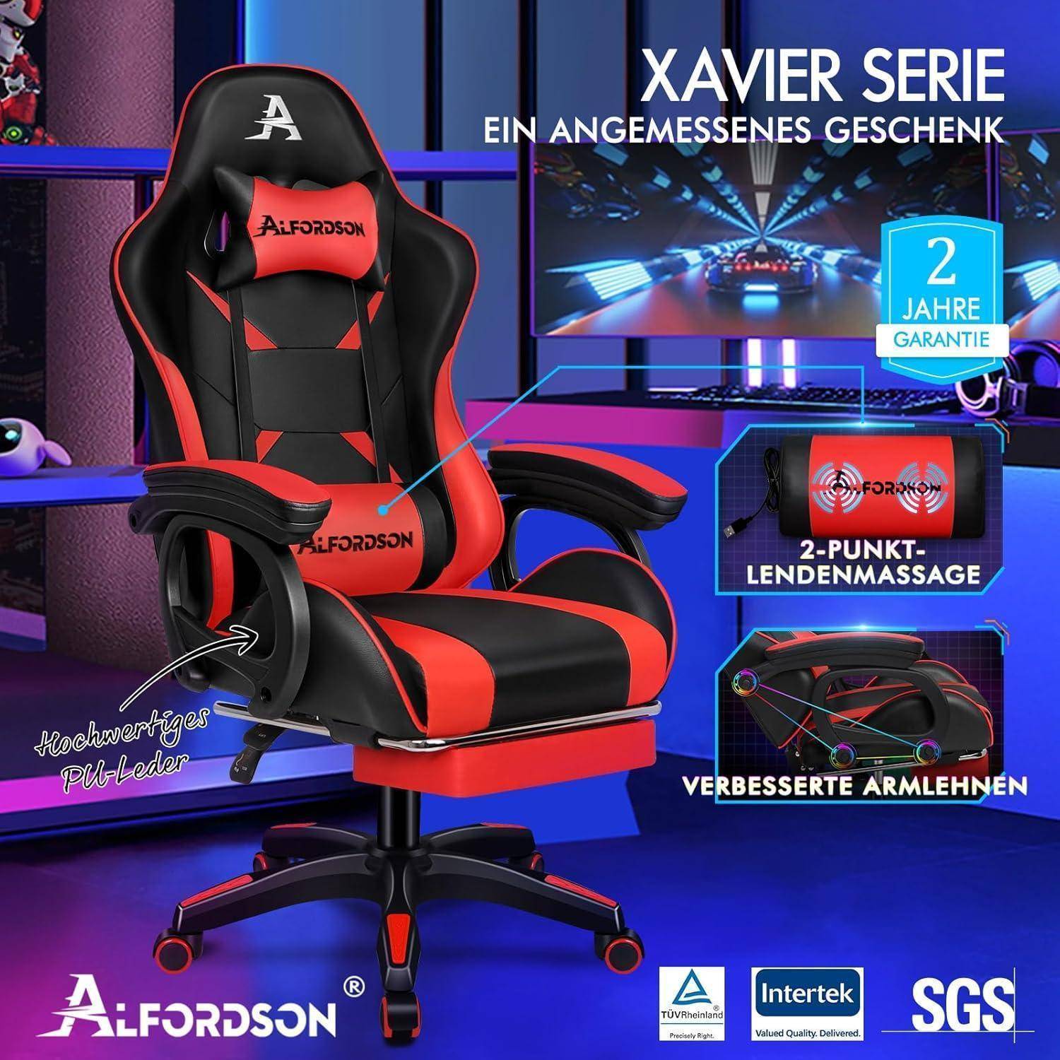 Rot-schwarzer Gaming-Stuhl mit Lendenmassage, verbesserten Armlehnen und 2 Jahren Garantie. Bezeichnungen: 'Xavier Serie', 'Afordson'.