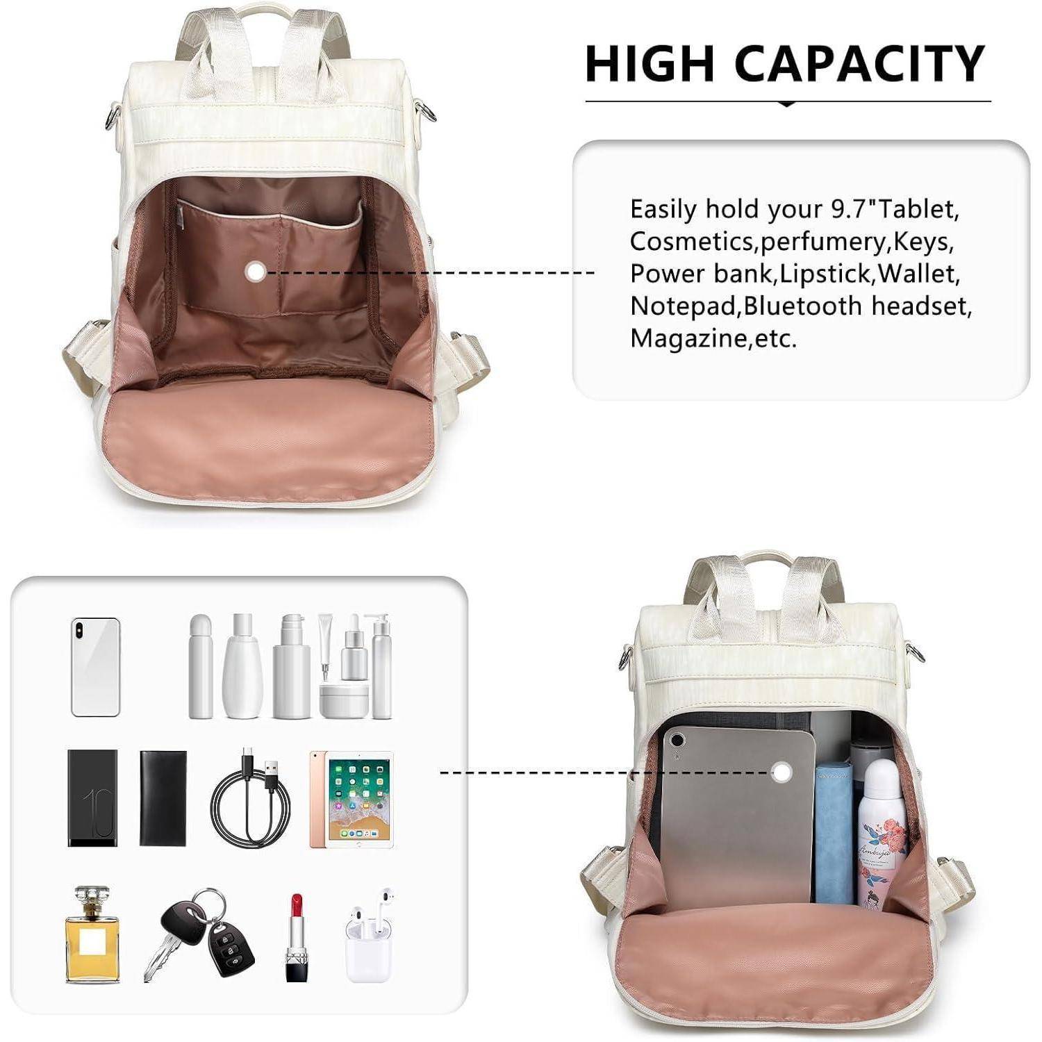 Rucksack mit großem Stauraum, der ein 9,7"-Tablet, Kosmetik, Schlüssel, Powerbank, Lippenstift, Geldbörse, Notizblock, Bluetooth-Kopfhörer und mehr fasst.