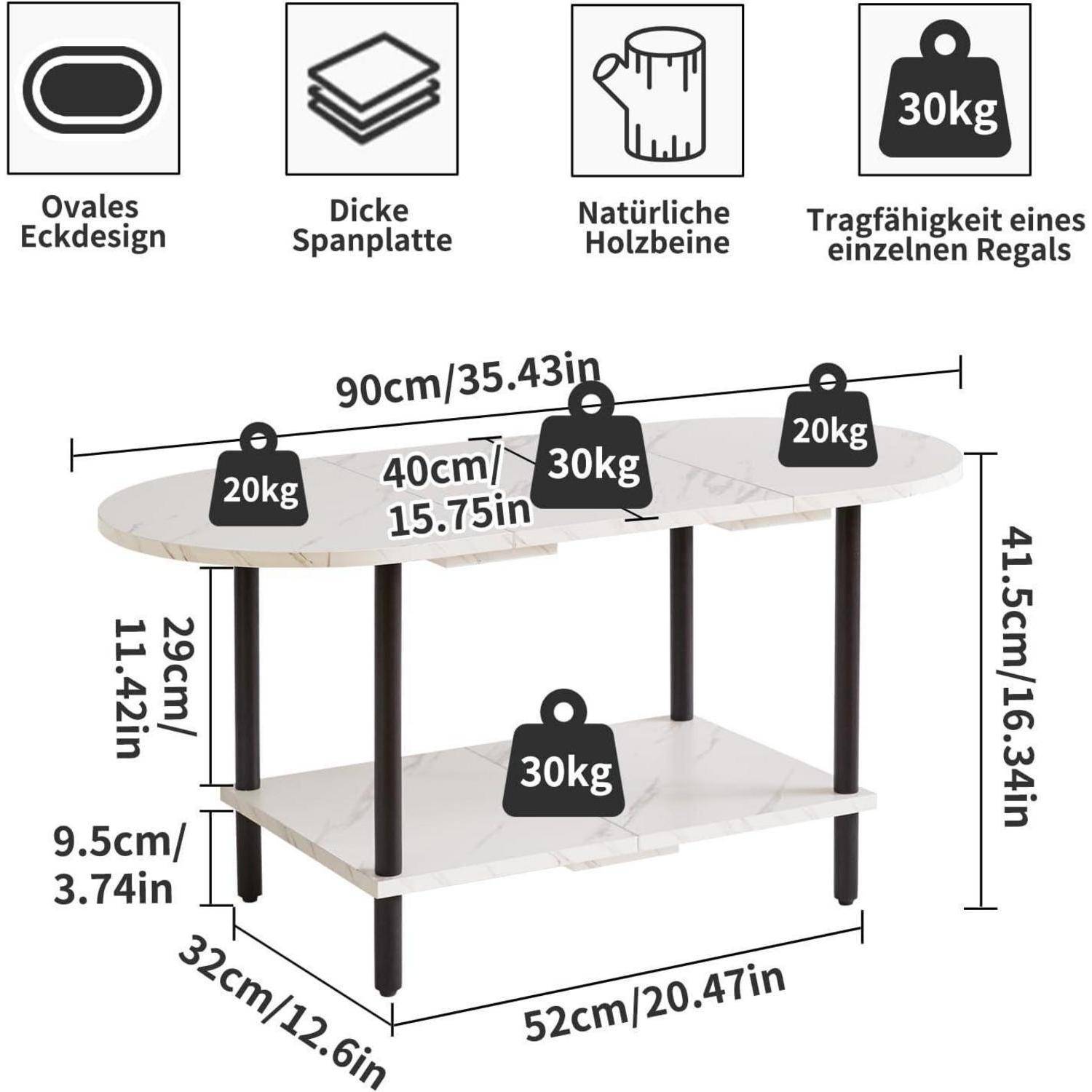 Ovales Eckdesign: 90cm/35,43in, Dicke Spanplatte: 29cm/11,42in, Natürliches Holzbein: 9,5cm/3,74in, Tragfähigkeit: 30kg, 20kg/Regal.