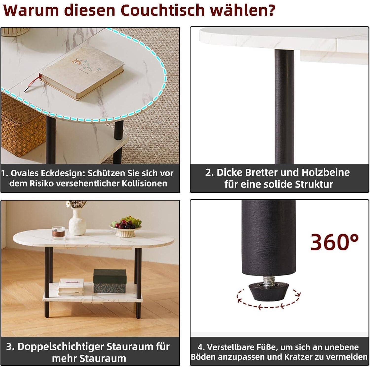 Abbildung mit Merkmalen eines Couchtisches: 1. Ovale Kanten für Sicherheit, 2. Dicke Bretter und Holzbeine für Stabilität, 3. Schichtweise Lagerfläche für Platzersparnis, 4. Verstellbare Füße für unebene Böden.