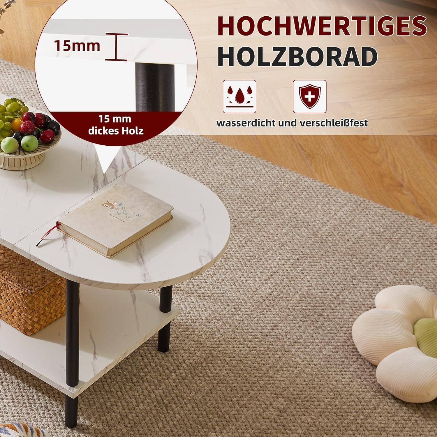 Ein runder, weißer Holztisch mit 15mm Dicke hält eine Obstschale und ein Buch. Der Text hebt Merkmale hervor: wasserdicht und langlebig.