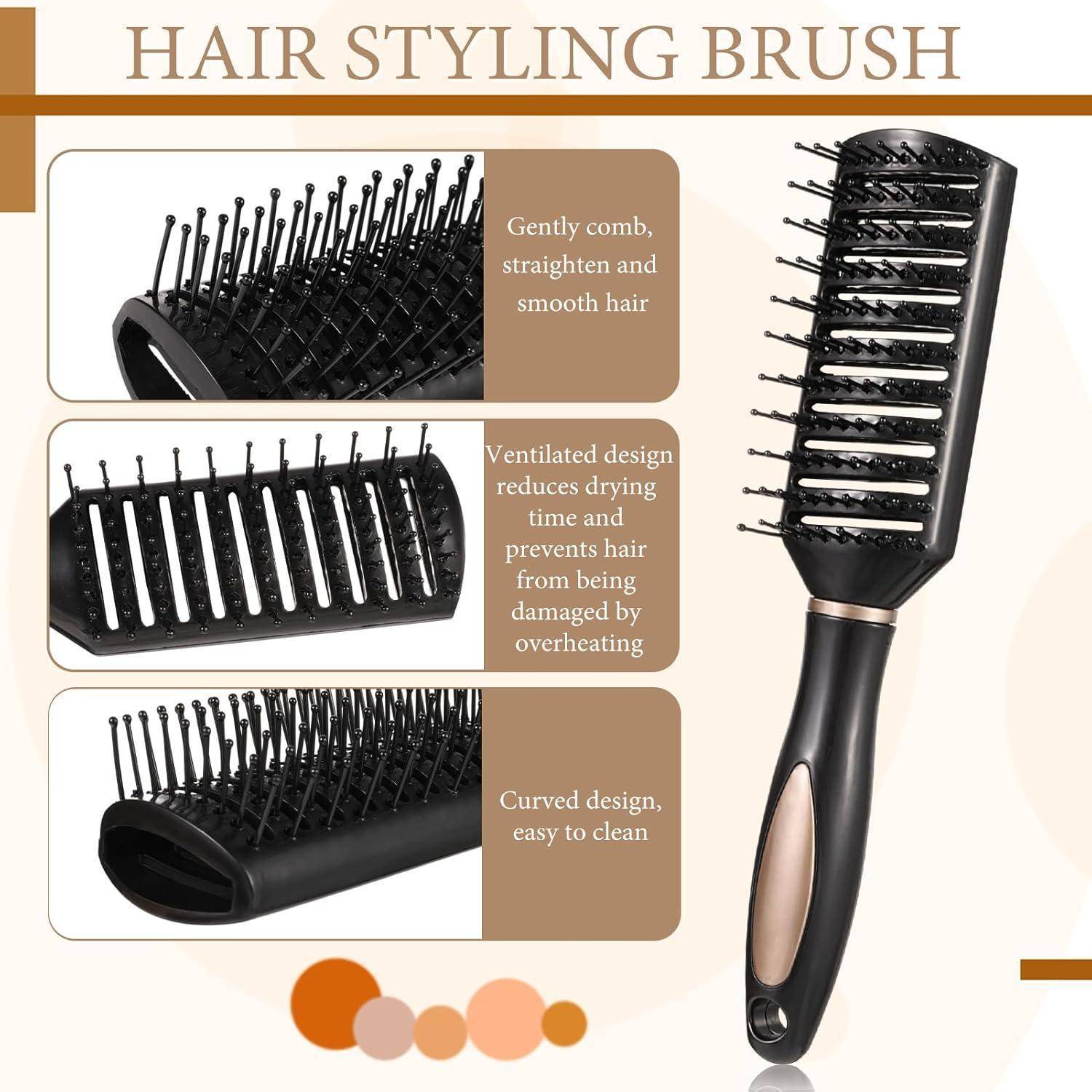 Haarstyling-Bürste – Werbeanzeige mit einer schwarzen Bürste mit Metallborsten. Highlights sind sanftes Kämmen, belüftetes Design für schnelleres Trocknen und leicht zu reinigende gebogene Form.