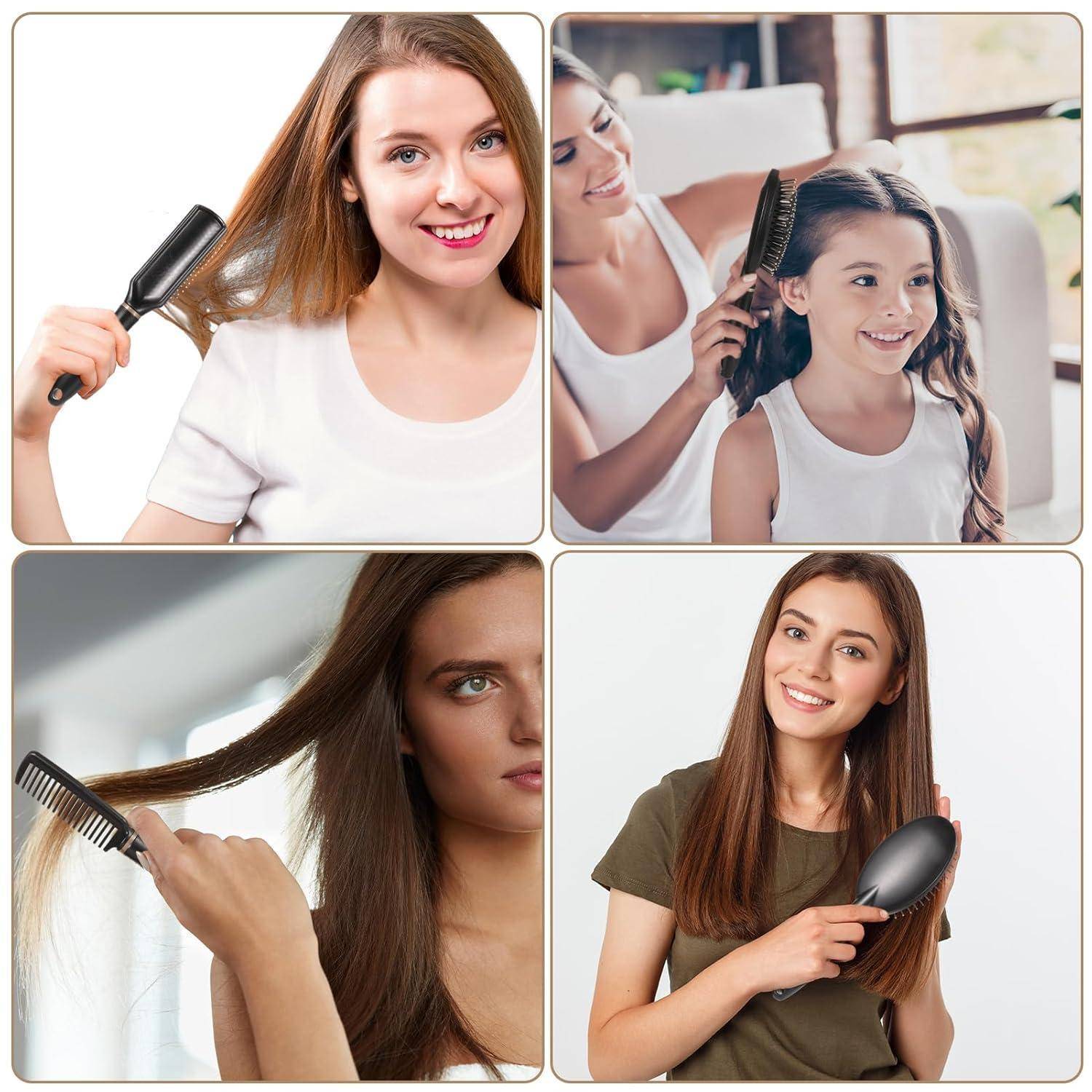 Vier Bilder von Frauen, die Haare bürsten: eine lächelnde Frau, die sich selbst die Haare bürst, ein Erwachsener, der einem Kind die Haare bürst, eine Frau, die konzentriert kämmt, und eine Frau, die eine Bürste hält.