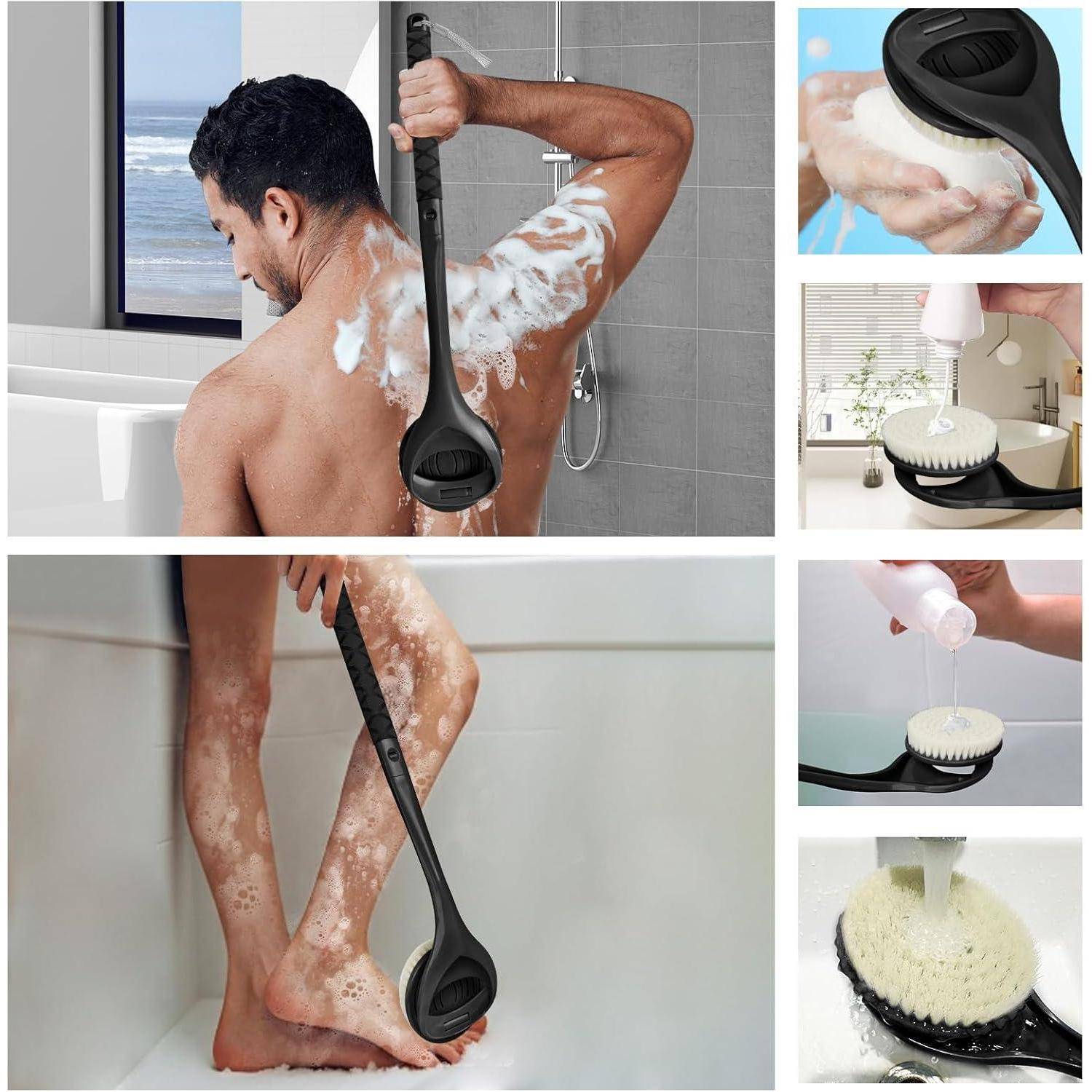 Eine Person benutzt eine Bürste mit langem Stiel, um ihren Rücken in einer Badewanne zu waschen. Zusätzliche Bilder zeigen Nahaufnahmen der Bürste, die eingeseift und ausgespült wird.