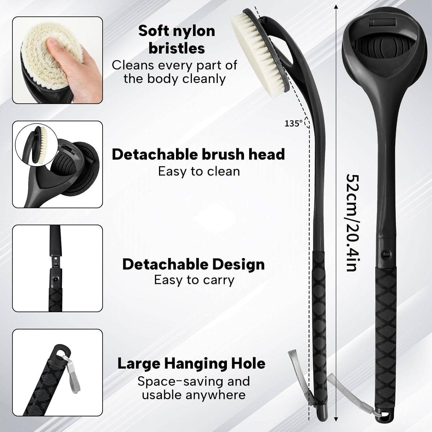 Duschbürste mit weichen Nylonborsten, abnehmbarer Bürstenkopf, 135° Winkel, abnehmbares Design, großes Aufhängeloch. 52 cm/20,4 Zoll lang.