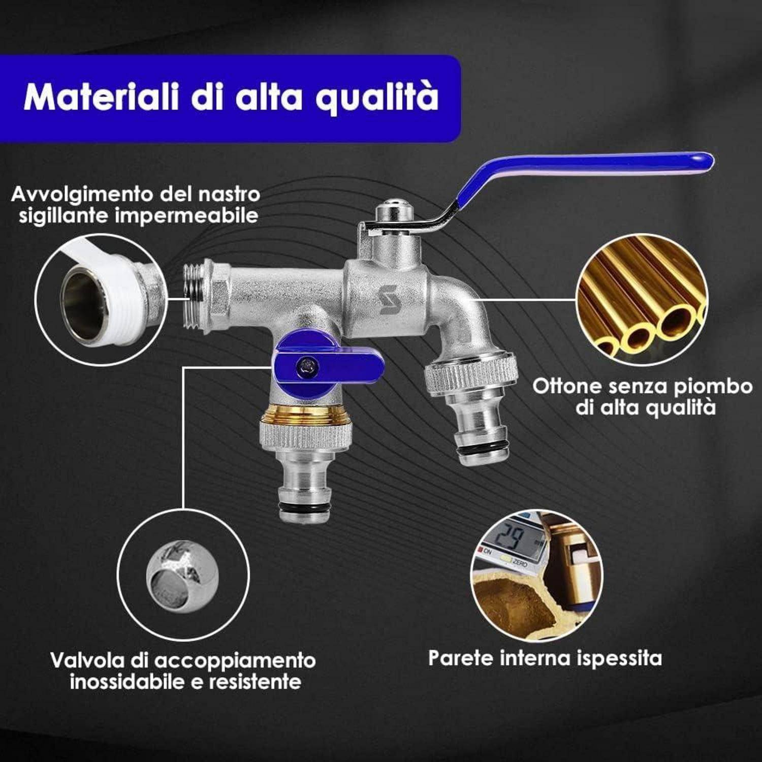 „Materialien von höchster Qualität" Bild, das ein Metallventil mit folgenden Eigenschaften zeigt: wasserdichtes Dichtungsband, hochwertiges bleifreies Messing, verstärkte Innenwand und rostbeständiges Kupplungsventil aus Edelstahl.