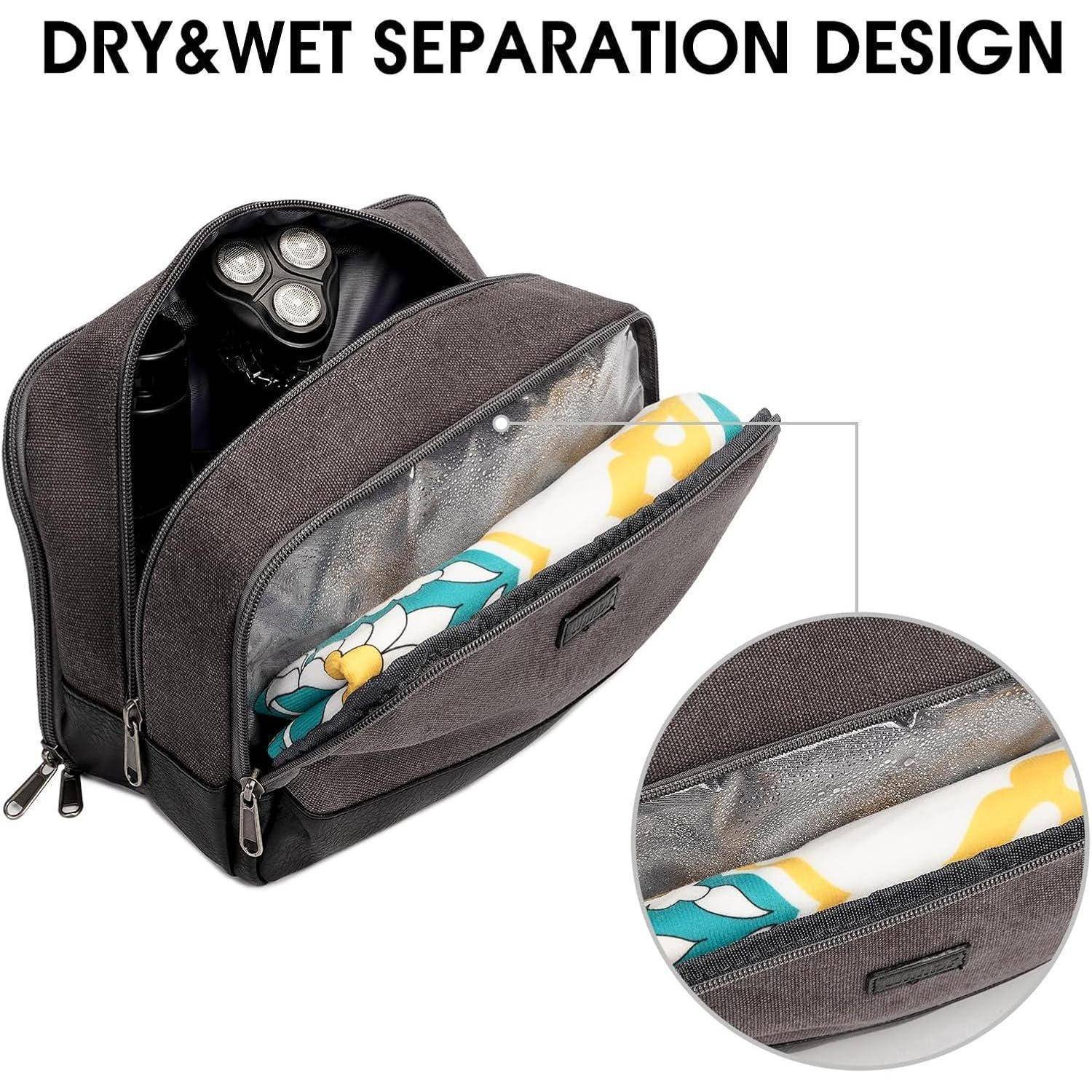 Tasche mit Trocken- und Nassfächern, grau mit Reißverschlusstaschen, für Toilettenartikel. Text: Dry & Wet Separation Design.