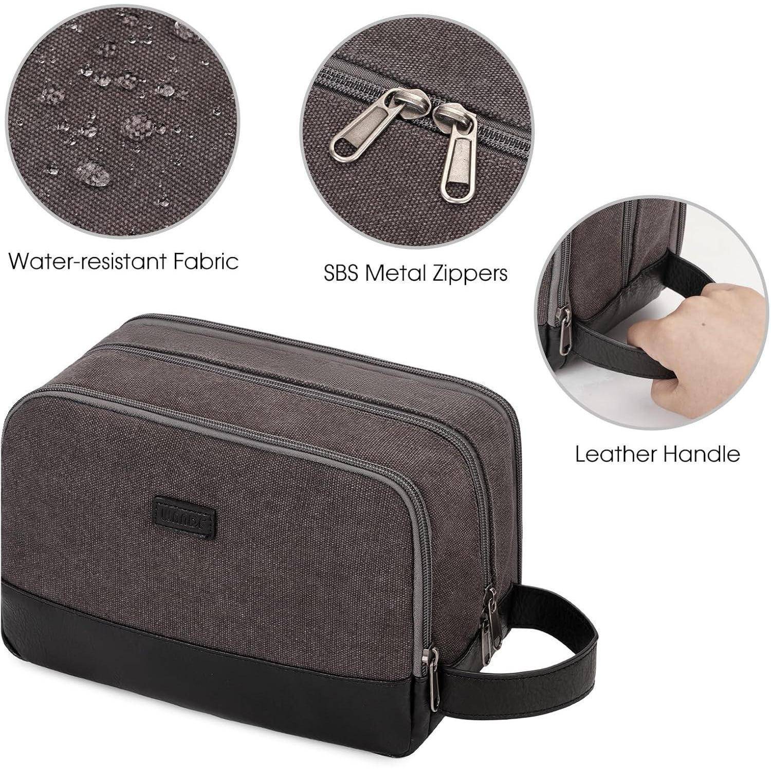 Eine graue Kulturtasche mit wasserabweisendem Stoff, SBS-Metallreißverschlüssen und einem Ledergriff, wobei ihre Merkmale mit Nahaufnahmen hervorgehoben werden.