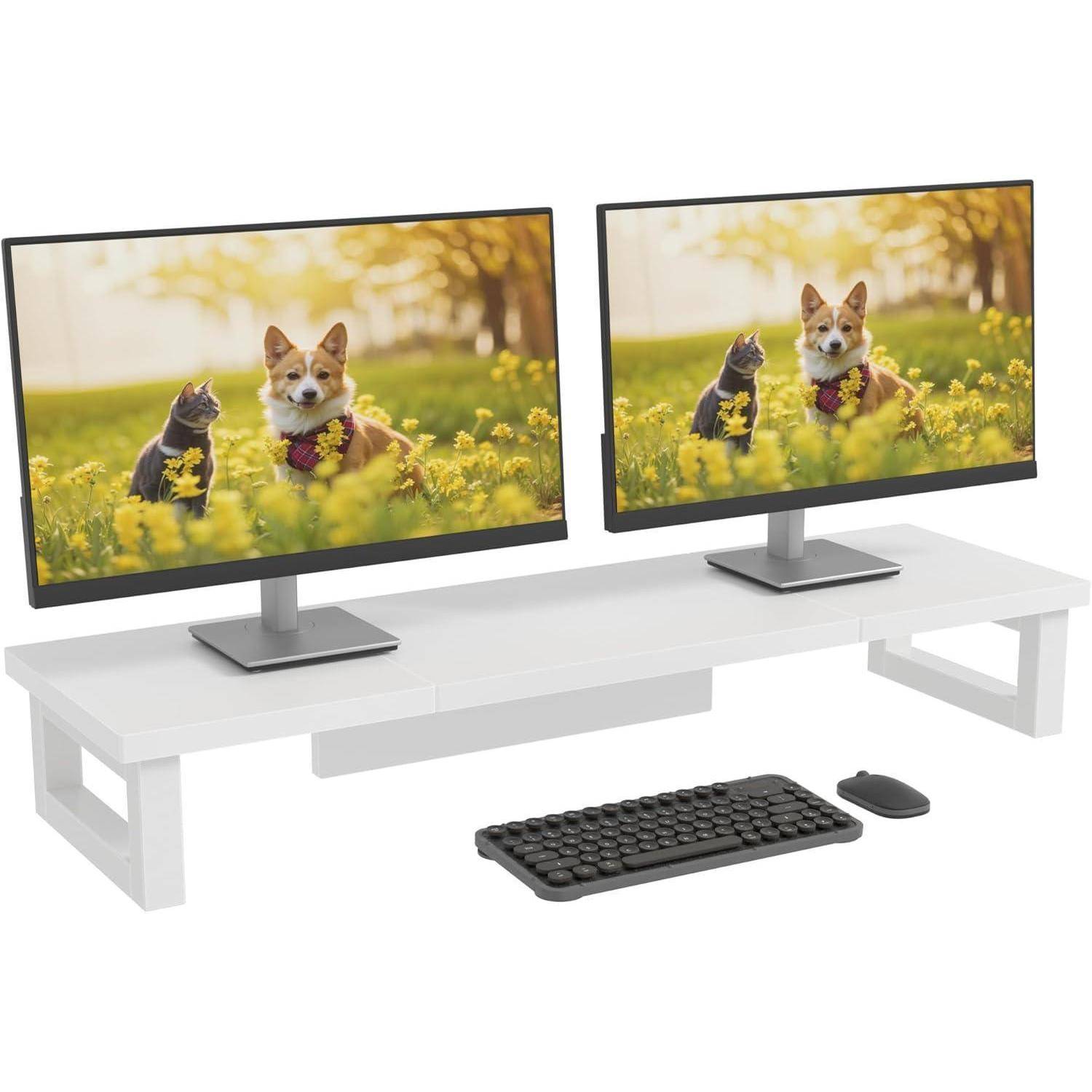 Ein Schreibtisch mit zwei Monitoren, auf denen ein Bild einer Katze und eines Hundes in einem gelben Blumenfeld angezeigt wird, zusammen mit einer Tastatur und einer Maus.