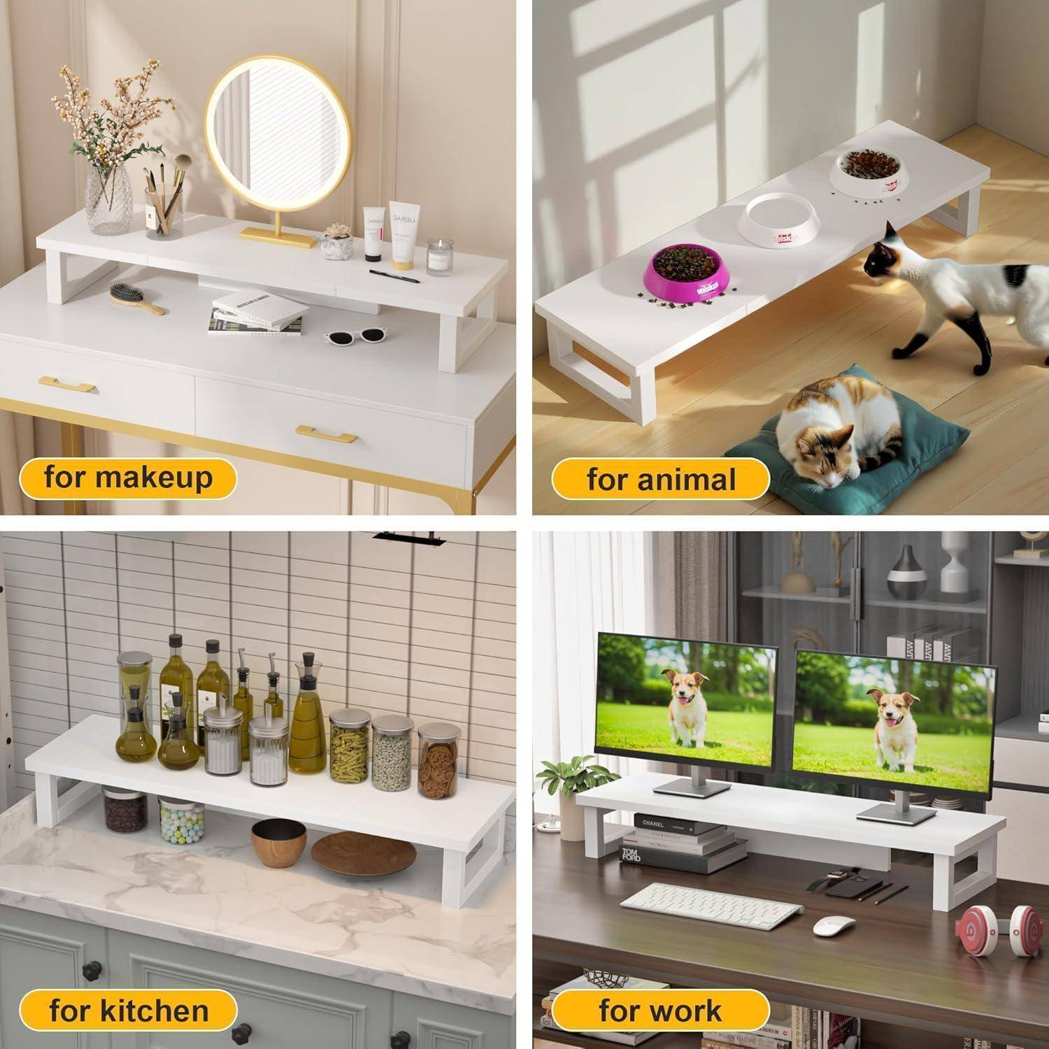 Ein vierteiliges Bild, das die Verwendung eines Multifunktionsregals zeigt: oben links für Make-up, oben rechts mit einer Katze, unten links für Küchengegenstände, unten rechts für ein Homeoffice.