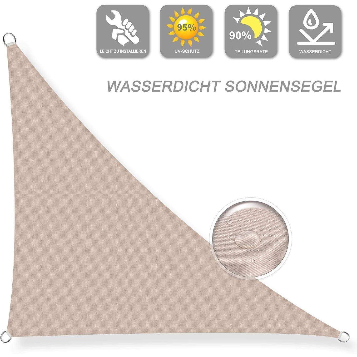 Dreieckiges beiges Sonnensegel, gekennzeichnet mit „Wasserdicht Sonnensegel