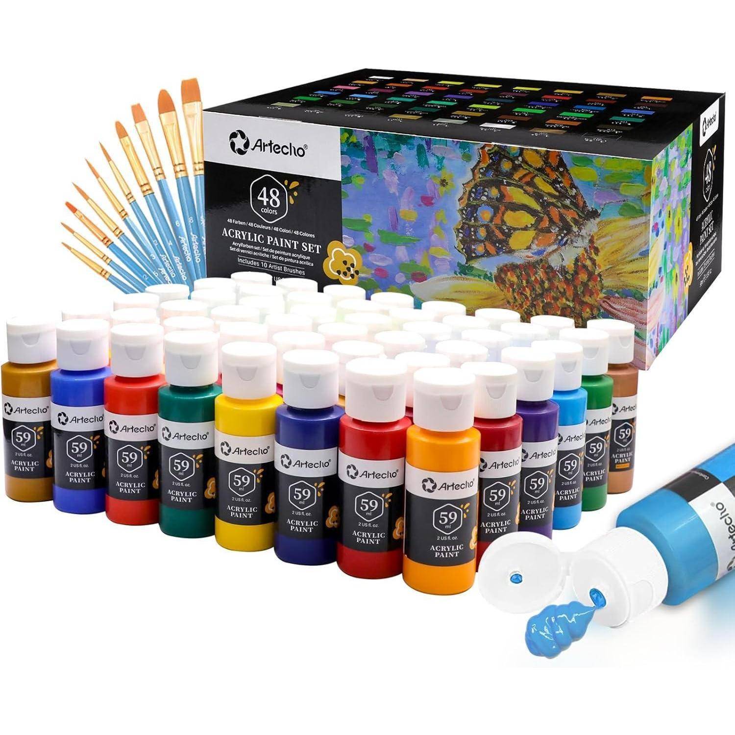 Ein Set aus 48 Artech Acrylfarben in verschiedenen Farbtönen, Pinseln und einer Schachtel mit einem Deckel, auf dem ein farbenfrohes Schmetterlingsgemälde abgebildet ist.