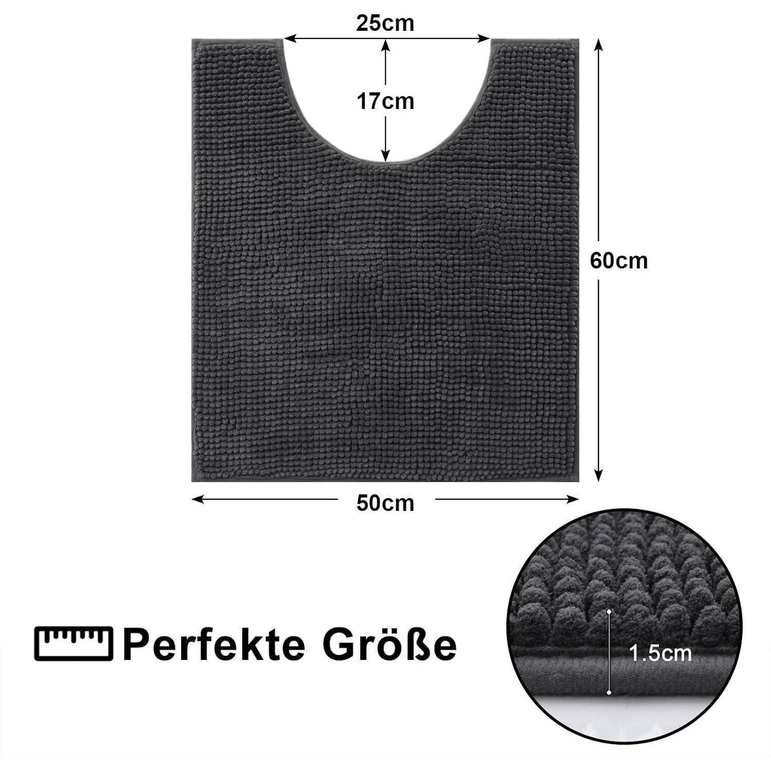 Schwarze strukturierte Badezimmermatte mit Ausschnitt, Maße 60x50 cm. Die Vergrößerung zeigt eine Dicke von 1,5 cm. Mit dem Label 