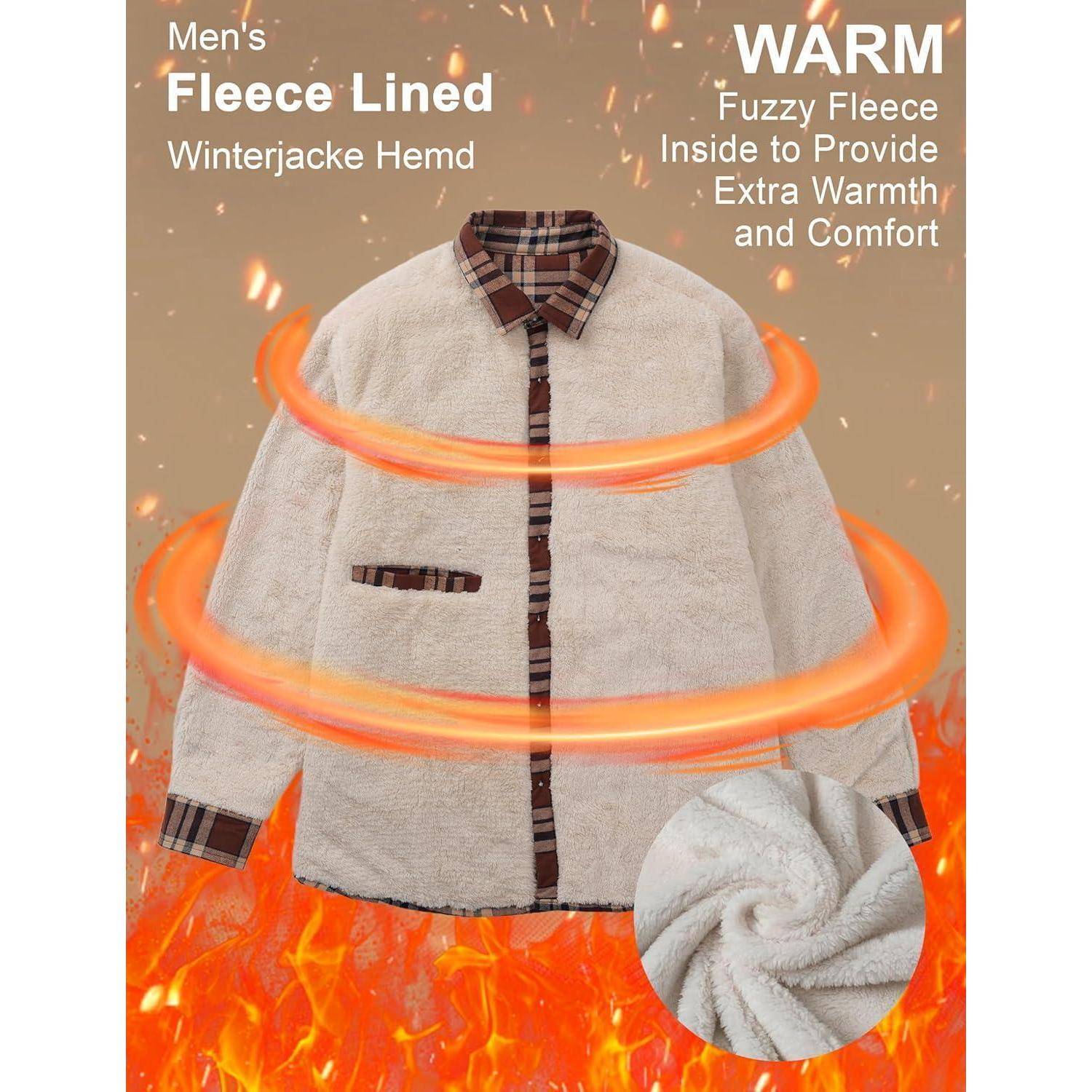 Eine beigefarbene Winterjacke mit Fleecefutter wird gezeigt. Der Text hebt ihre Wärmeleistung, ihren Tragekomfort und das Fleecefutter im Inneren hervor. Eine vergrößerte Detailansicht zeigt die flauschige Fleecetextur.