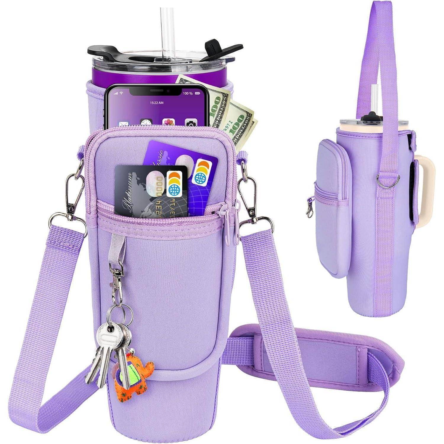 Violettes Wasserflaschenträgertuch mit Riemen und Taschen zum Aufbewahren von Schlüsseln, Bargeld, Karten und einem Telefon. Die Seitenansicht zeigt eine zusätzliche Aufbewahrungstasche.