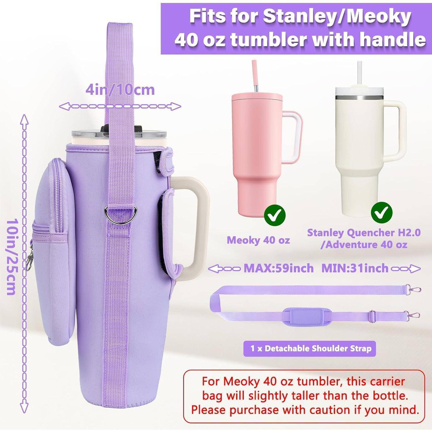 Violette Isoliertasche für Stanley/Meoky 40 oz mit Griff. Inklusive abnehmbarem Schultergurt, passt für 31-59 Zoll. Vorsichtsmitteilung für Meoky.