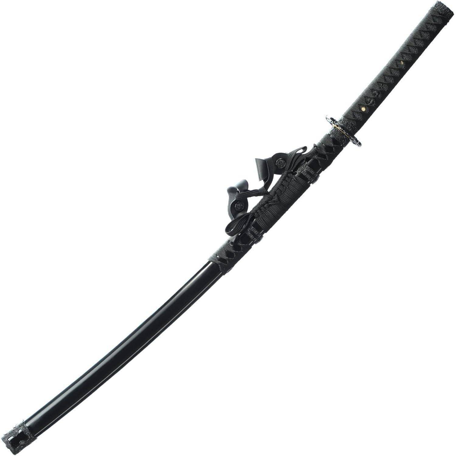 Ein schwarzer Katana mit einer umhüllten Klinge, mit aufwändiger Griffwicklung und dekorativen Elementen.
