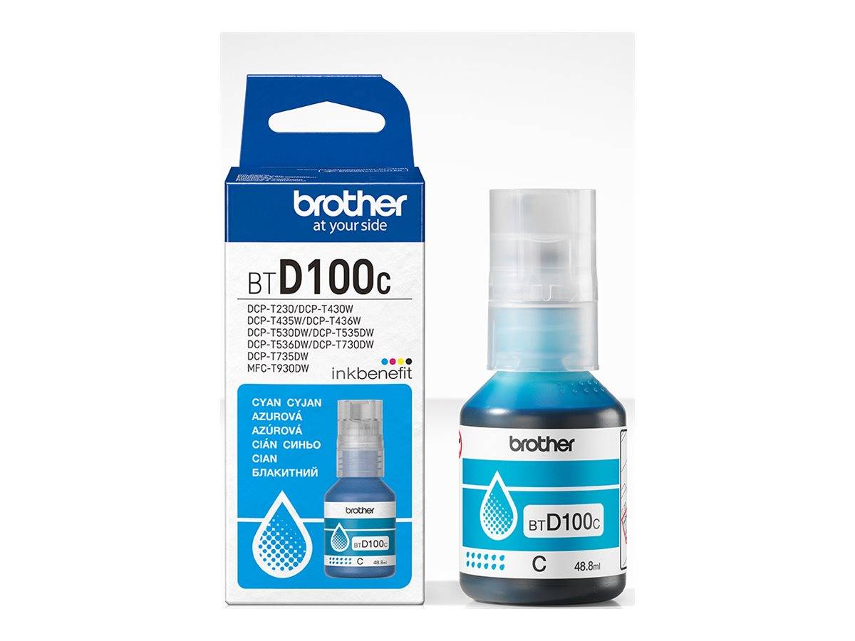Brother BTD100C Flasche mit blauer Tinte und Verpackung nebeneinander auf weißem Hintergrund dargestellt.