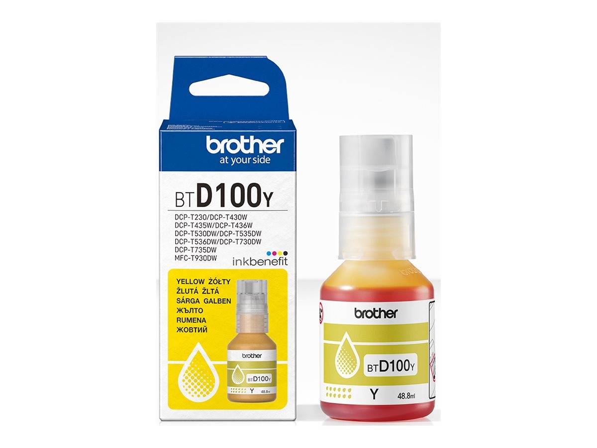 Brother BTD100Y Gelbtintenflasche und ihre Verpackung, gekennzeichnet mit „brother at your side