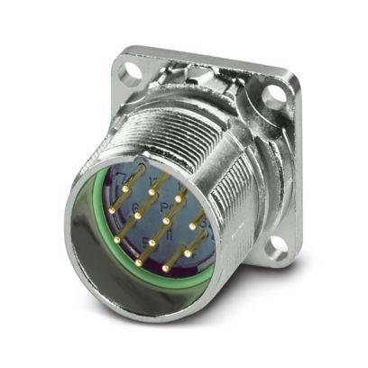 Ein silberner kreisförmiger elektrischer Stecker mit mehreren goldenen Stiften innen, montiert auf einer quadratischen Metallplatte.