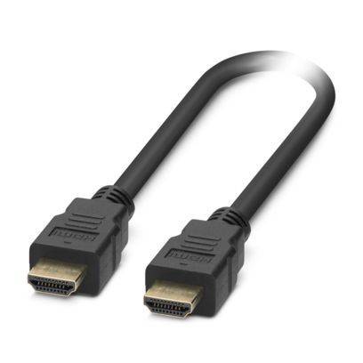 Ein schwarzes HDMI-Kabel mit Anschlüssen an beiden Enden, das zur Übertragung von hochauflösenden Video- und Audiosignalen zwischen Geräten verwendet wird.