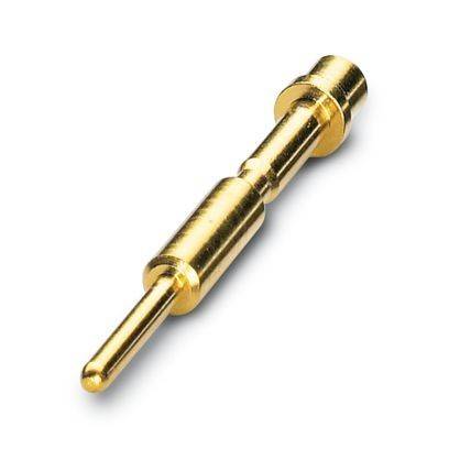 Ein vergoldeter elektrischer Stift mit zylindrischem Körper und spitzer Spitze, der für elektrische Verbindungen in verschiedenen elektronischen Geräten verwendet wird.