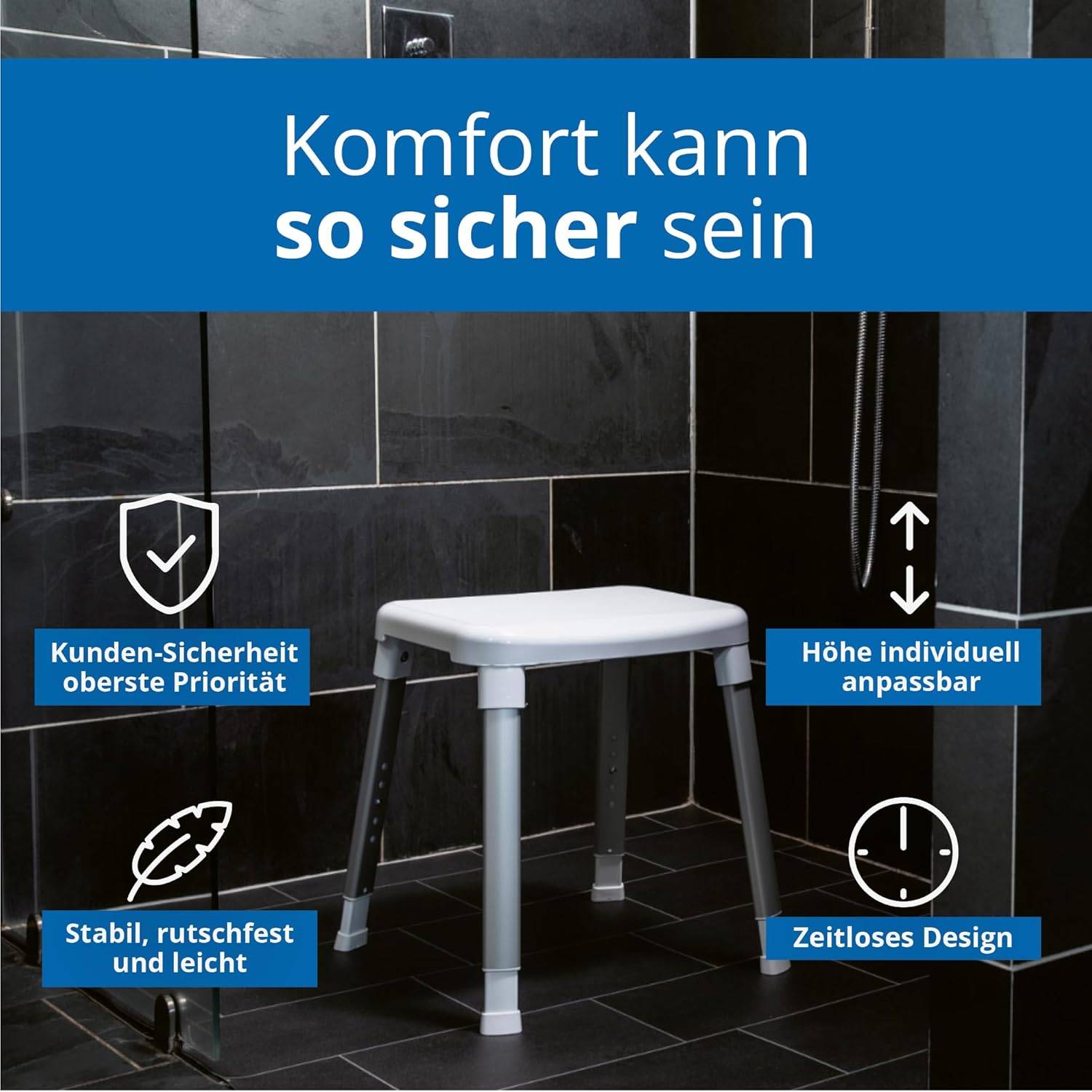 Ein weißer verstellbarer Duschhocker in einem schwarzen gefliesten Badezimmer. Der Text hebt Sicherheit, Stabilität und Designmerkmale hervor, die die Kundensicherheit betonen.