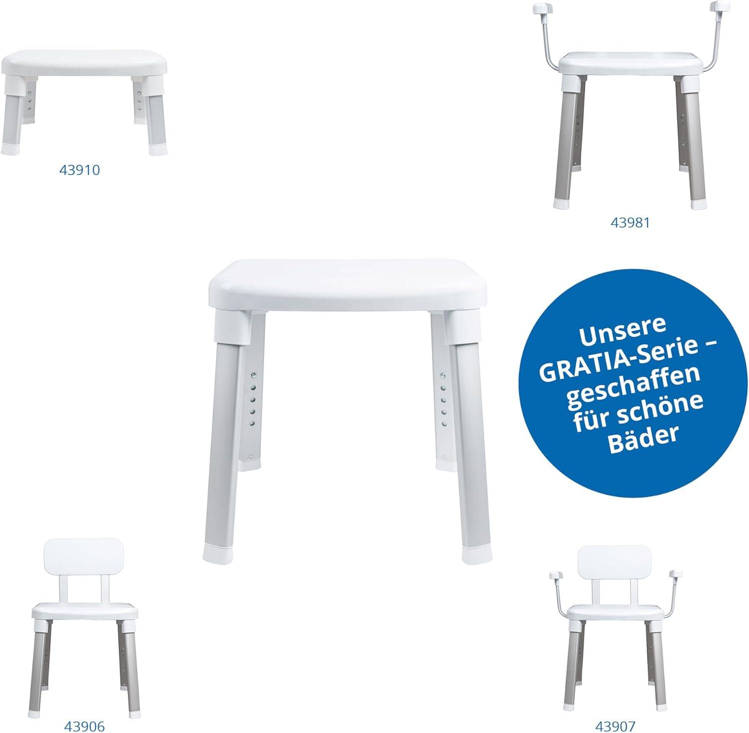 Verstellbare weiße Hocker mit Metallbeinen aus der GRATIA-Serie, entworfen für die Verwendung im Badezimmer; einer davon ist mit Armlehnen ausgestattet.