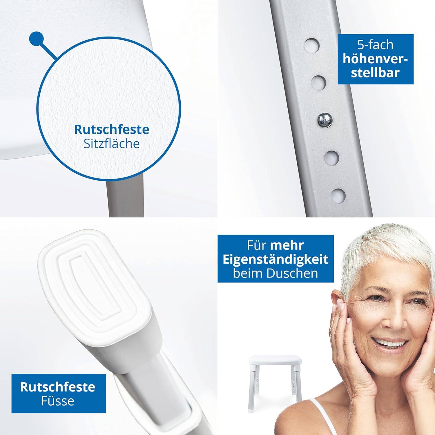 Verstellbarer Duschstuhl mit rutschfestem Sitz und Füßen, gezeigt mit Höheneinstellungen. Eine lächelnde Person demonstriert die einfache Handhabung.