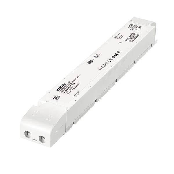 Ein Tridonic-LED-Treiber mit weißem rechteckigem Gehäuse, beschriftet mit Modell- und Sicherheitszertifizierungen, wird zur Steuerung von LED-Beleuchtungssystemen verwendet.