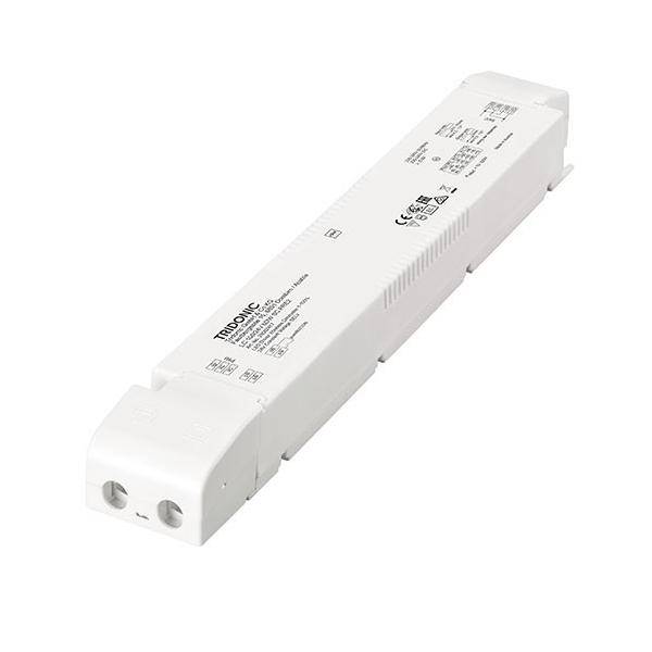 Rechteckiger weißer LED-Treiber mit mehreren Spezifikationen und Zertifizierungsmarkierungen auf der Oberfläche, verwendet für Beleuchtungsanwendungen.