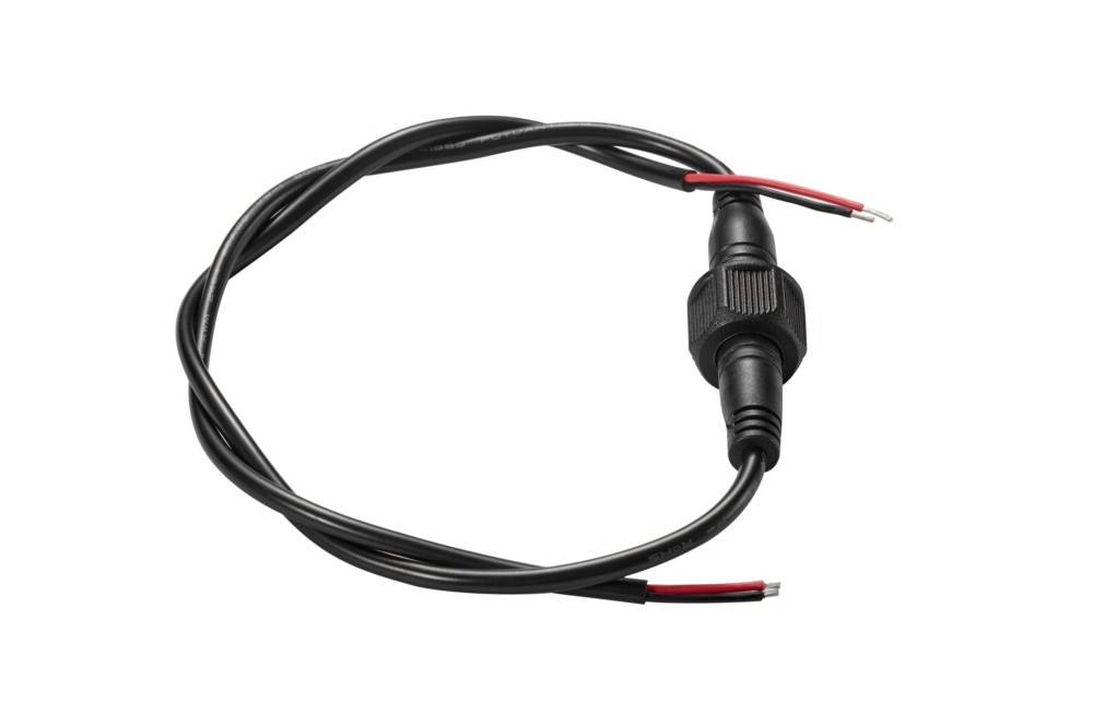Rundflansch-Elektroanschluss mit schwarzem Kabel und freiliegenden Drahtenden.
