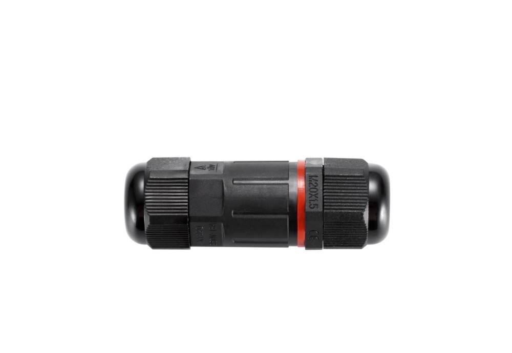 Ein horizontal dargestellter schwarzer wasserdichter Steckverbinder mit einem roten Ring in der Mitte und der Bezeichnung 