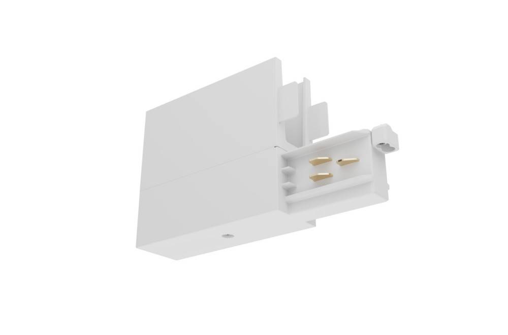 Ein weißer Schienenstrahler-Stecker auf einfachem Hintergrund mit vergoldeten Kontaktpunkten für die elektrische Verbindung.