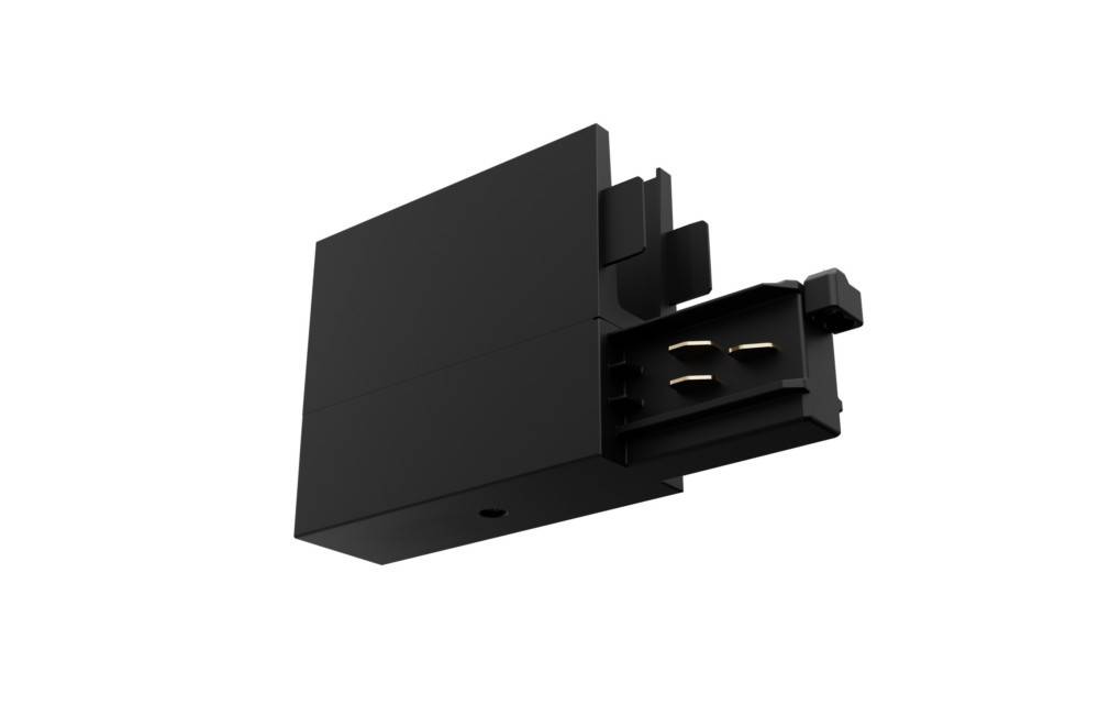Schwarzer Stromschienenstecker mit drei Kontakten, wird zum Anschluss von Stromschienenstrahler an das Stromnetz einer Beleuchtungsanlage verwendet.