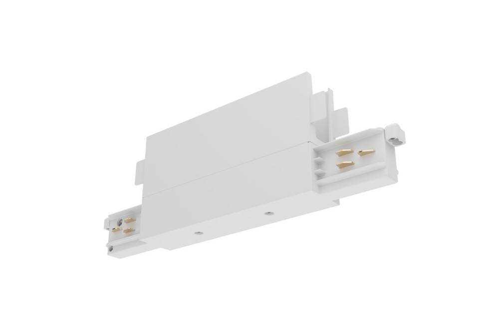 Ein weißer, rechteckiger elektrischer Schienenstecker mit Kontaktstiften zum Verbinden von Abschnitten eines Schienenlichtleuchten-Systems.