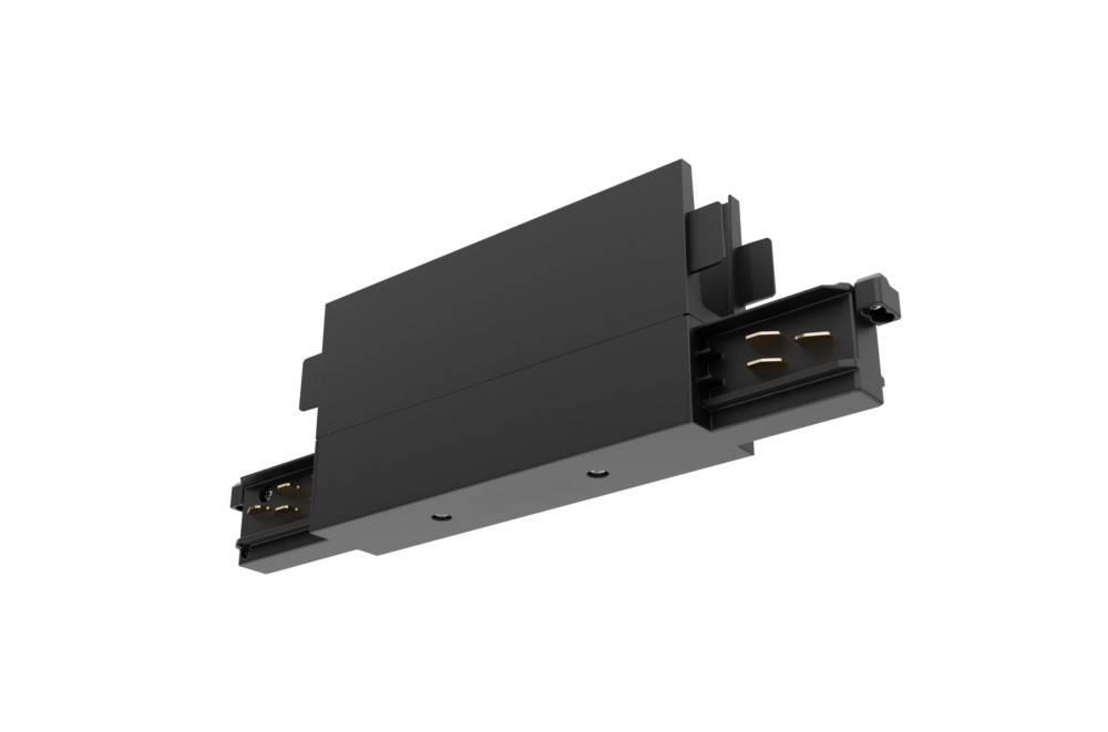 Ein schwarzer, rechteckiger elektronischer Stecker mit Anschlüssen an jedem Ende, entwickelt zum Verbinden von Schienenleuchtensystemen.