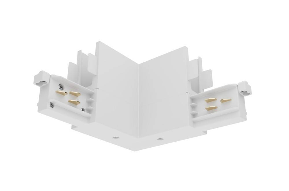Ein weißer, L-förmiger Elektrostecker mit goldenen Kontakten wird gezeigt. Er scheint für die Schaltungsmontage oder elektronische Projekte konzipiert zu sein.