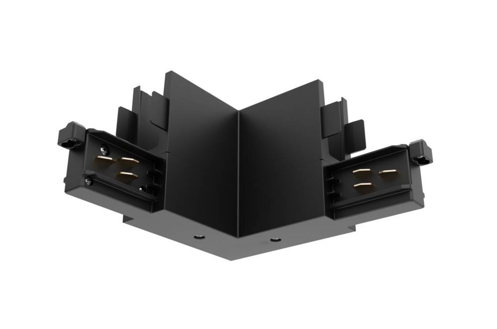 „Schwarzer L-förmiger Stecker für ein Schienenleuchtensystem, das Metallkontakte zur elektrischen Verbindung an beiden Enden zeigt.