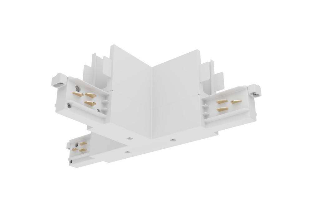 Weißer, an der Decke montierter Schienenstrahler-Verbinder in L-Form, entwickelt um Schienensegmente in einem rechtwinkligen Winkel zu verbinden.