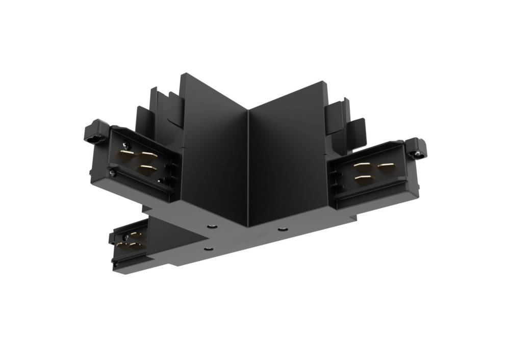 Ein schwarzer L-förmiger Schienenleuchtenstecker, aus einem flachen Winkel aufgenommen, mit sichtbaren Metallkontakten zum Befestigen von Schienenleuchtenelementen.