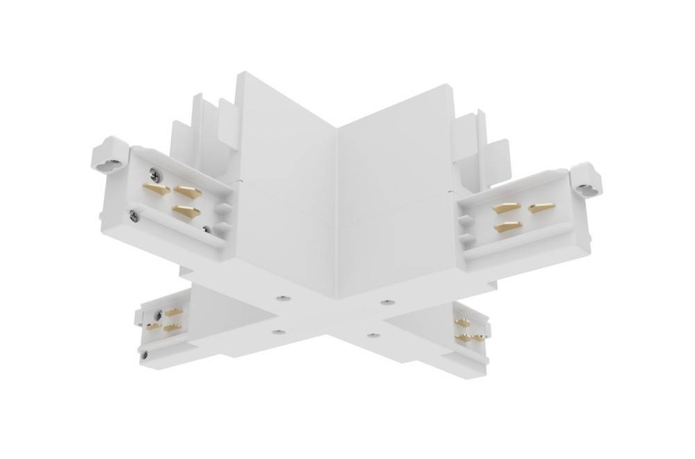 Ein weißer, vierwegiger Schienenleuchtenbinder, entwickelt zum Verbinden mehrerer Schienenleuchtensektionen und ermöglicht eine flexible Kreuzkonfiguration.