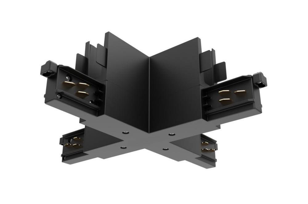 Ein schwarzer, vierseitiger Deckenbeleuchtungsstecker mit Metallklammern, konzipiert für die Installation in einem modularen Beleuchtungssystem.