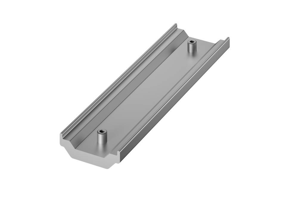 Eine rechteckige Metallhalterung mit zwei zylindrischen Stiften und schrägen Kanten, möglicherweise zur Befestigung oder Unterstützung von Strukturen verwendet.