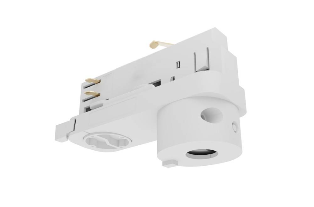 Weißer Inline-Wippen-Schalter mit zwei nach oben gerichteten Stiften und kreisförmiger Öffnung an der Unterseite, verwendet für elektrische Geräte.
