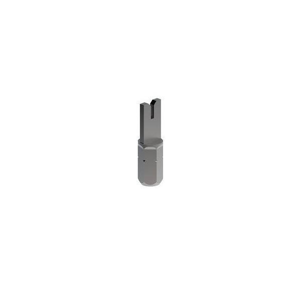 Ein grauer, zylindrischer metallischer Werkzeugzustand mit zwei Zinken, die nach oben verlaufen, und in Isolation auf weißem Hintergrund erscheinen.