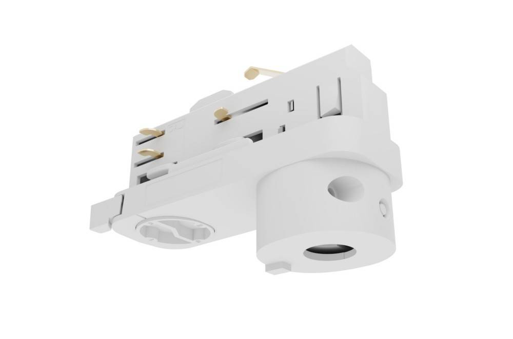 Eine weiße elektrische Komponente, möglicherweise eine Lampenhalterung oder ein Stecker, aus einer schrägen Seitenansicht gezeigt, die Schlitze und Anschlüsse hervorhebt.