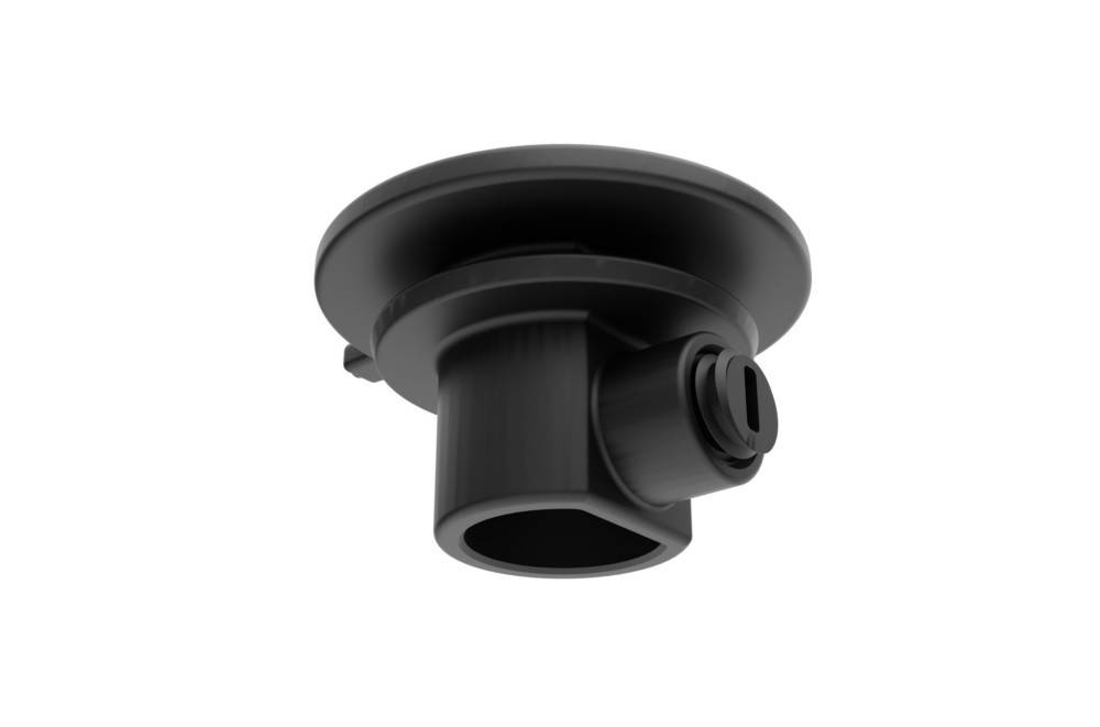 Eine schwarze Saugnapfhalterung mit Hebel und Befestigungspunkt, die zum sicheren Halten von Geräten auf Oberflächen wie Windschutzscheiben oder Armaturenbretter verwendet wird.