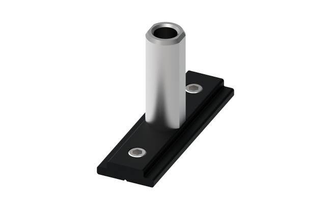 Ein Metallpfosten, der vertikal aus einer rechteckigen schwarzen Basis herausragt, wahrscheinlich ein mechanisches Bauteil oder eine Montageklammer.